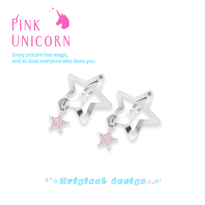 Pink Unicorn - Y2K Metal Star Hair Clip Silver Zircon Minimalist hair clip pink unicorn Pink Pendant Hair Clips