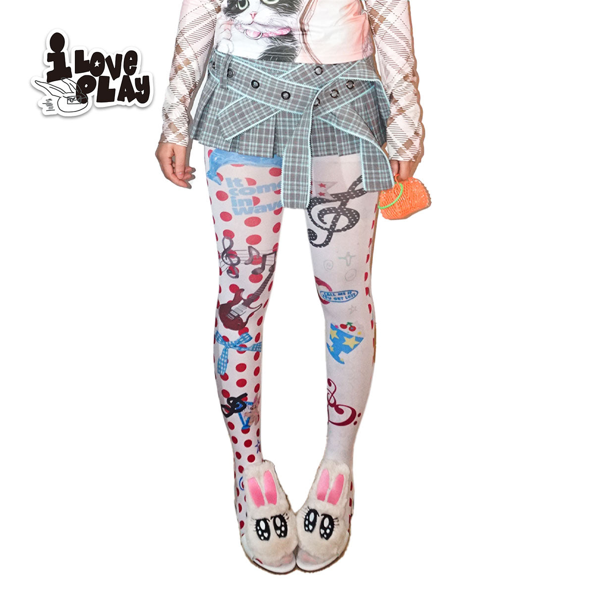 Loveplay - Y2K Velvet Tights Red Polka Dot Collage Print tights loveplay