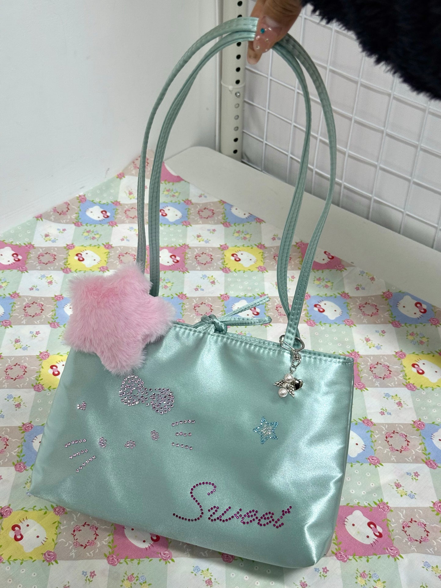 Salty Gummy - Y2K Kitty Rhinestone Satin Handbag Cute Shoulder Bag bag Salty Gummy Blue (Big Size)