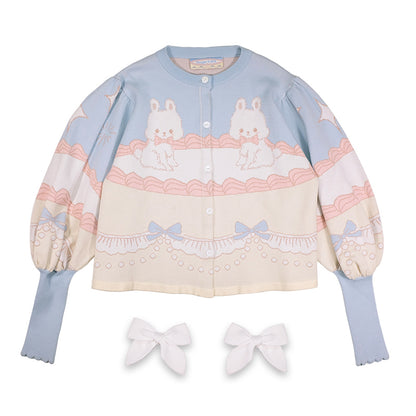 Meugler Bunny Cream Cake Lolita Sweet Bow Short Knitted Cardigan with Leg-of-Mutton Sleeves