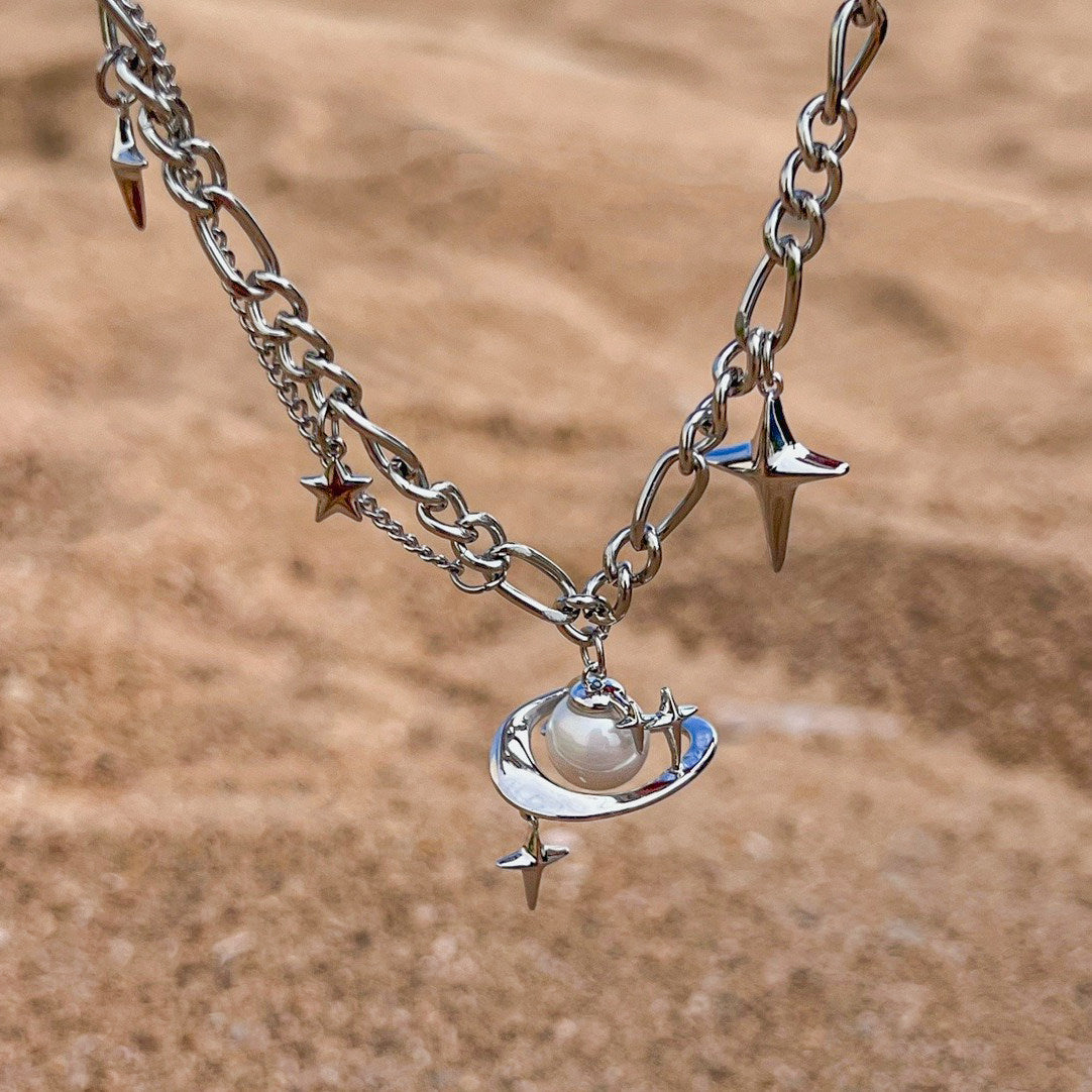 Kiwi Store - Y2K Saturn Orbit Necklace (Star Trail Pendant) necklace kiwi store