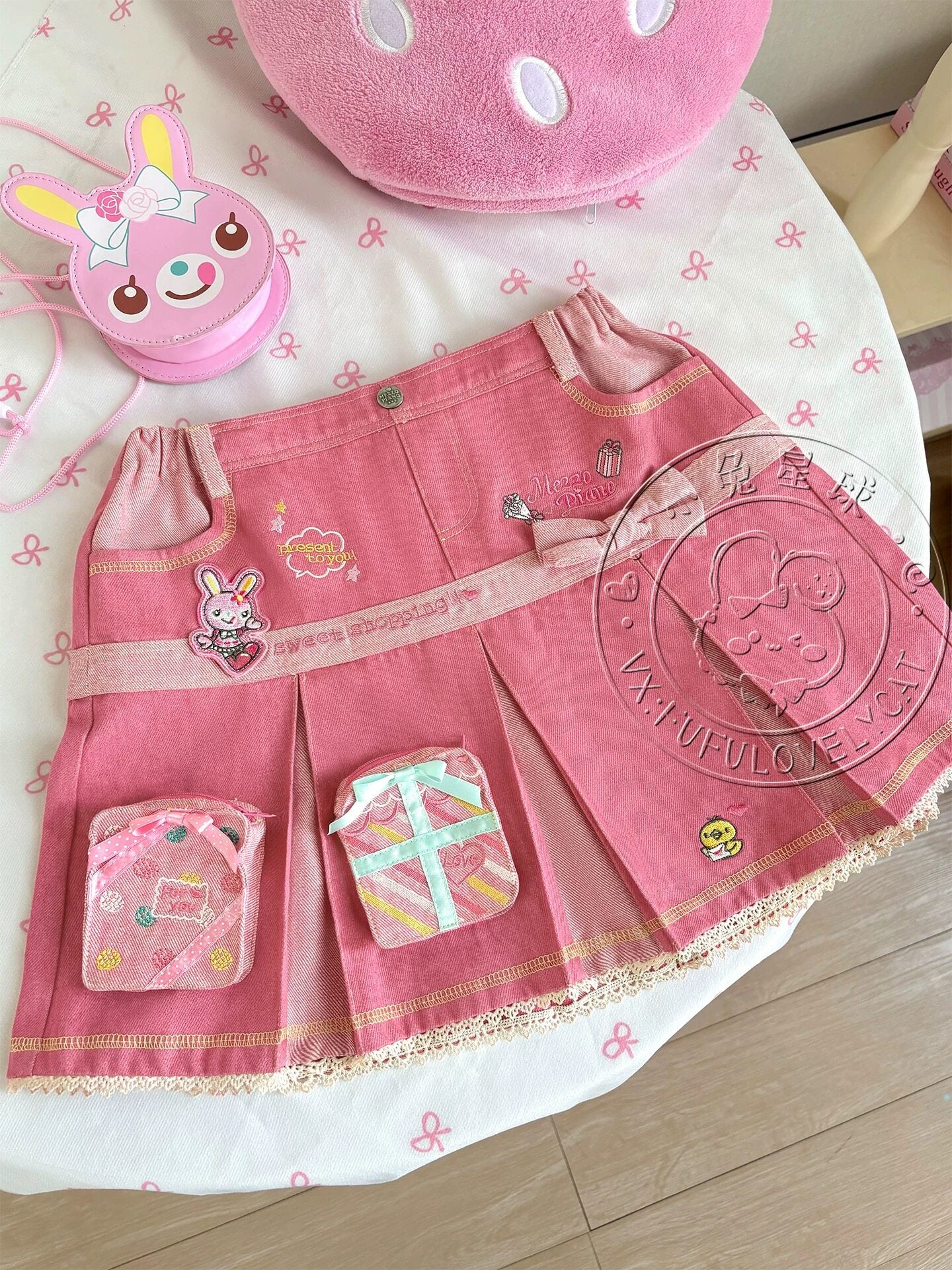 Bunny Planet - Gift Box Embroidered Denim Mini Skirt skirt bunnyplanet Rose Red S
