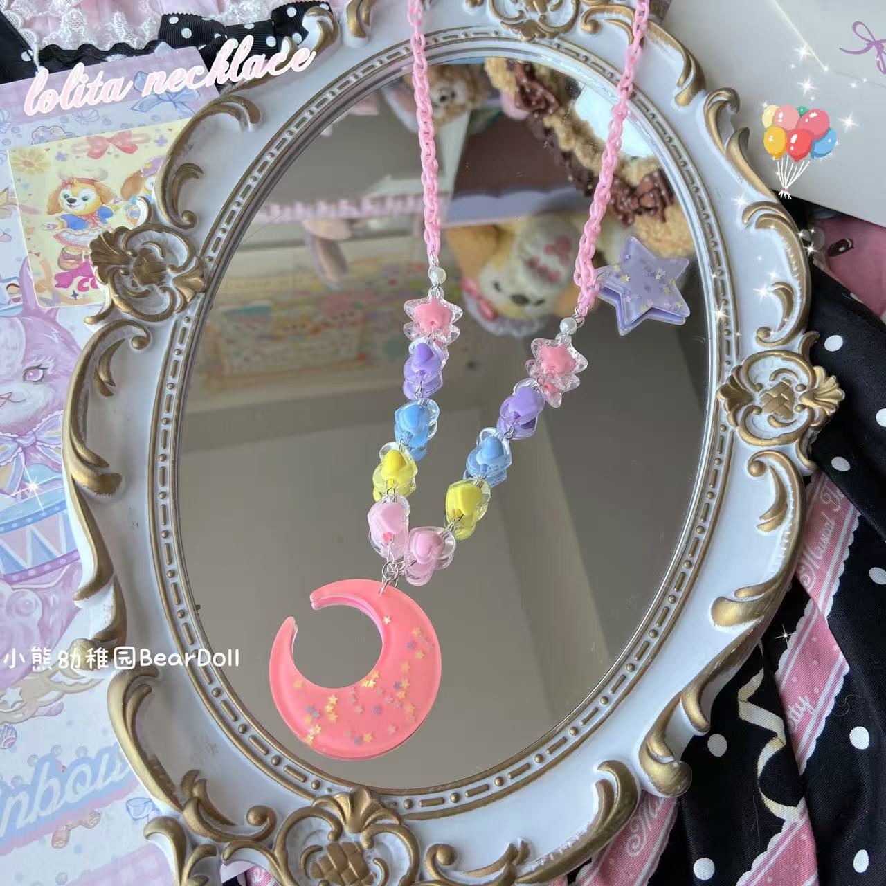Bear Doll Dopamine Moon Necklace | Kawaii Beaded Sequin Necklace necklace Bear Doll