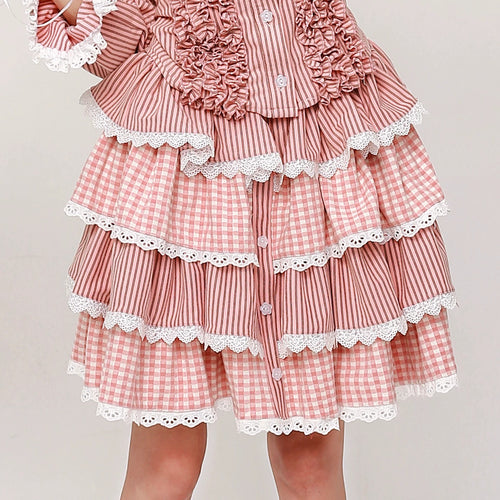 SOS MEME CLUB - Pink Stripe Retro Skirt Showa Style Skirt skirt SOS MEME CLUB S