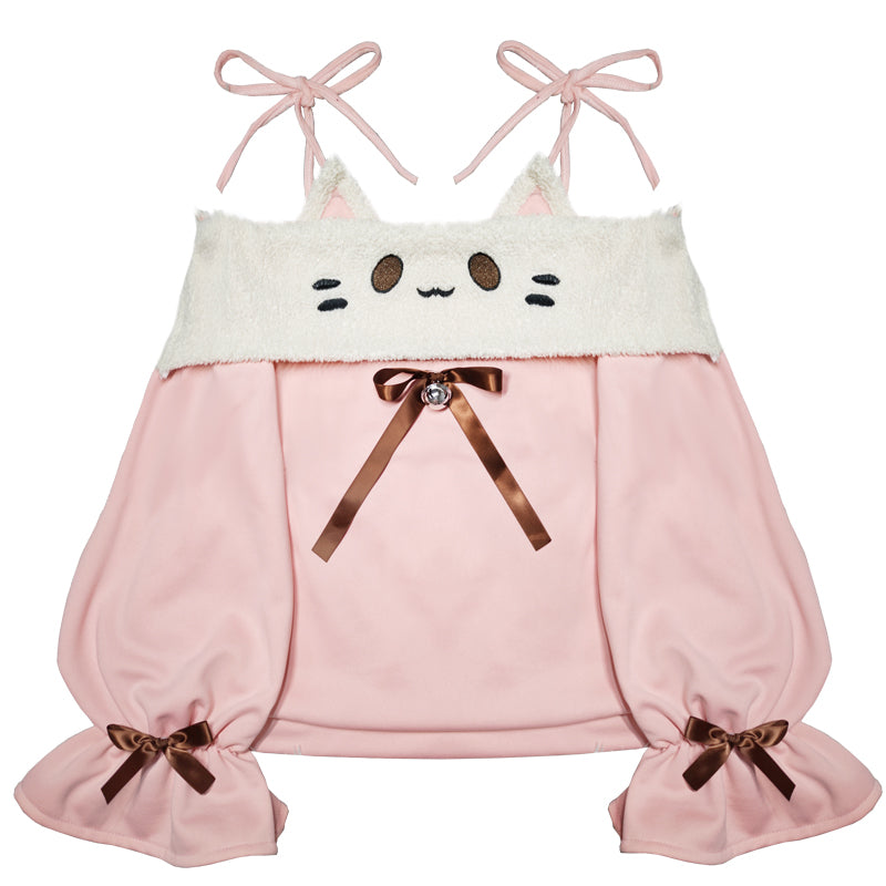 Roro Dream - Kawaii Oversized Puff Sleeve Cat Bow Sweater Lace Skirt Set set Roro Dream Top XL