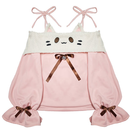 Roro Dream - Kawaii Oversized Puff Sleeve Cat Bow Sweater Lace Skirt Set set Roro Dream Top XL