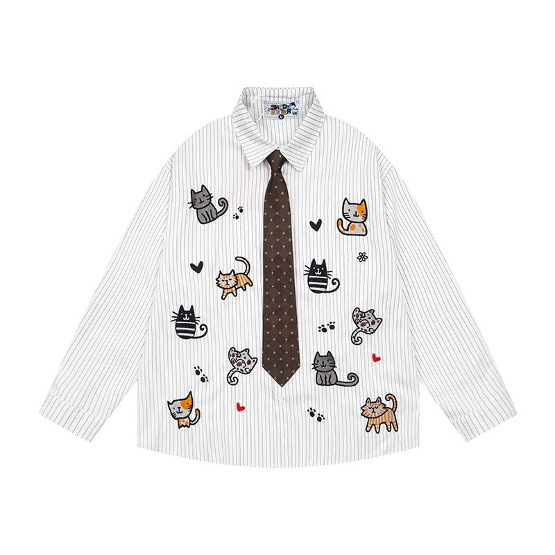 BIBULU - Cat Embroidered White Striped Shirt shirt BIBULU M