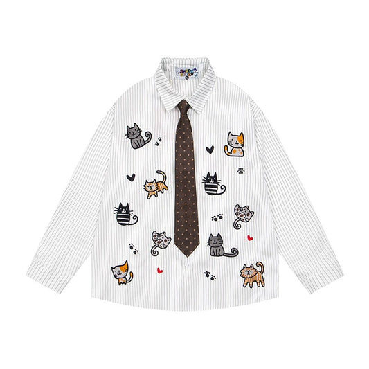 BIBULU - Cat Embroidered White Striped Shirt shirt BIBULU M