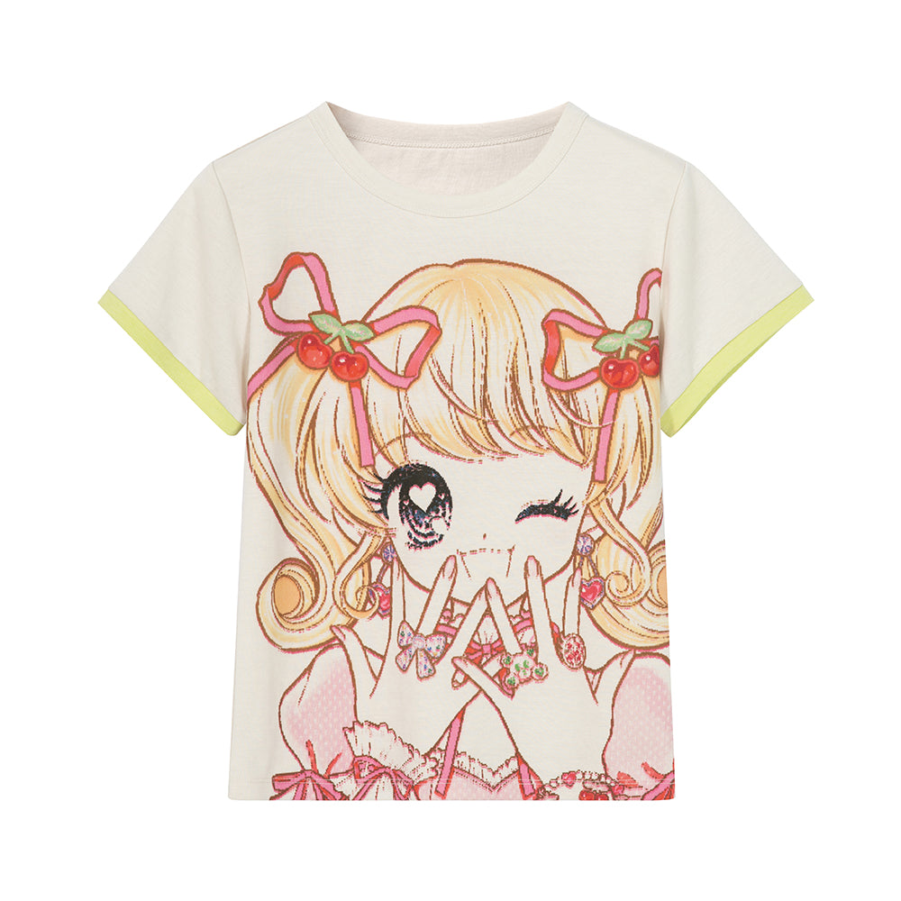 tntntutu Beige T-shirt | Cute Girl Print Tee | Short Sleeve Vintage T-shirt tshirt tntntutu