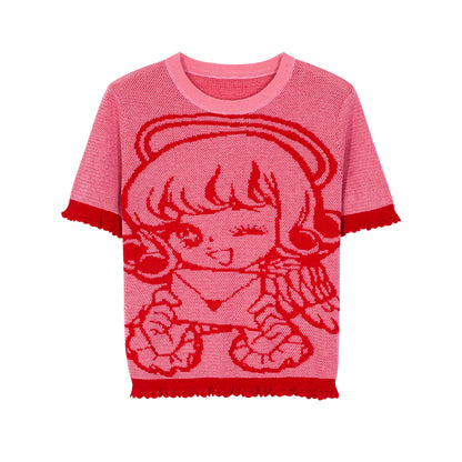 tntntutu Two-Tone T-shirt | Envelope Angel Tee | Knitted Short Sleeve Top tshirt tntntutu Red S