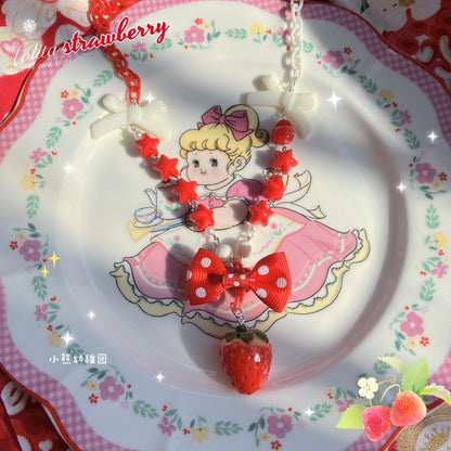 Bear Doll - Kawaii Strawberry Polka Dot Bow Necklace necklace Bear Doll Red Necklace
