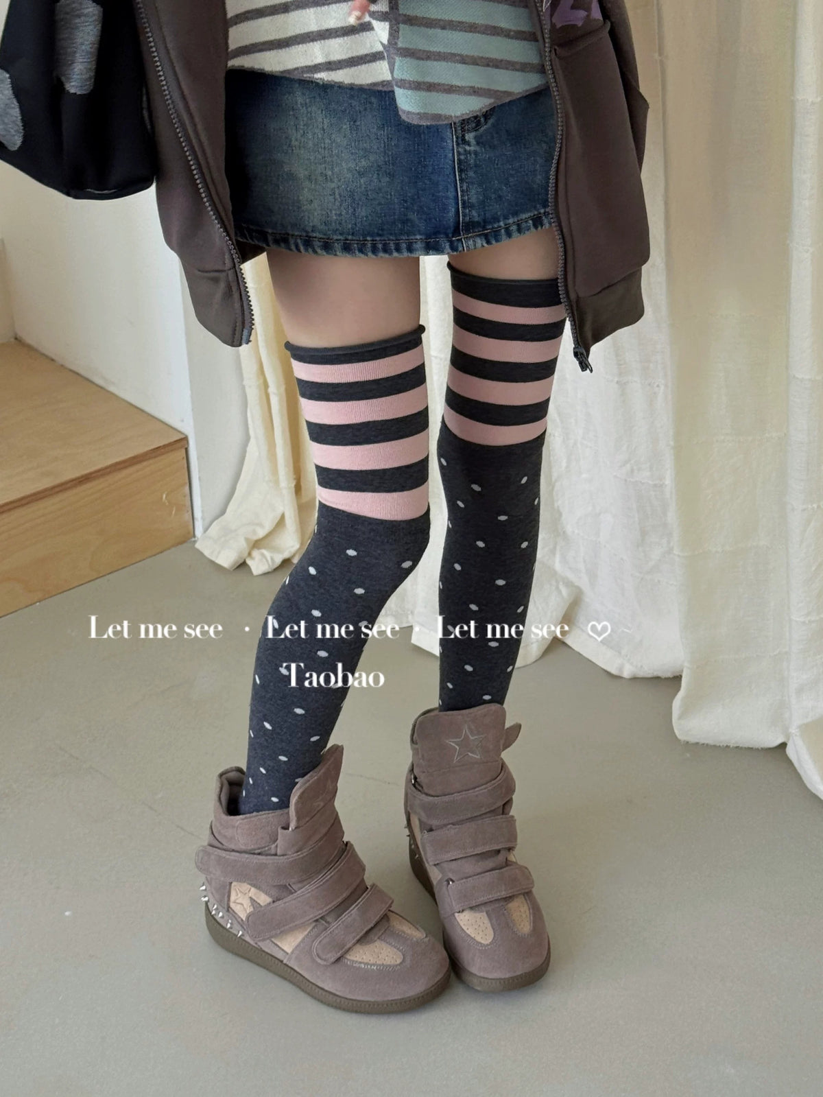 LET ME SEE - Polka Dot & Striped Over-the-Knee Socks socks let me see Dark Gray