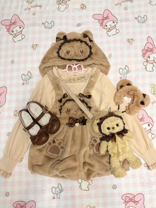 Blurred Bear - Fuzzy Suspender Bloomers Set set Blurred Bear Brown Overalls With A Hat S