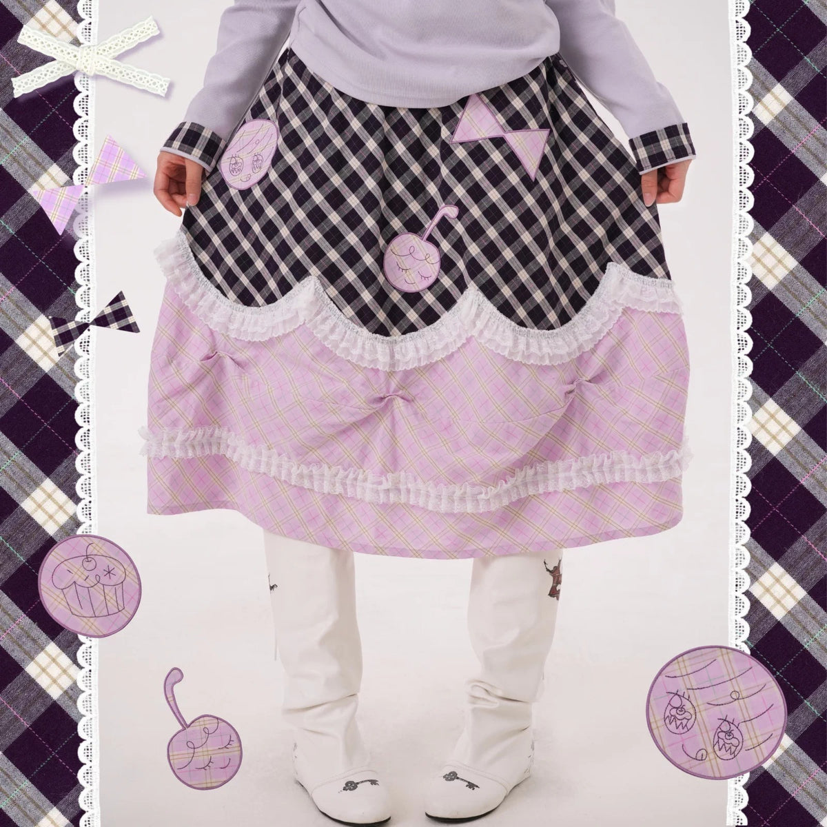 RabbitRain - Purple Plaid Pudding Cake Embroidered Skirt skirt RabbitRain