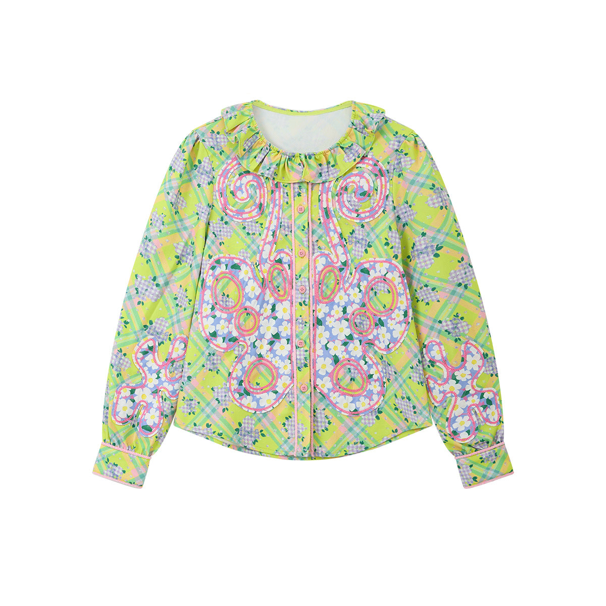 tntntutu - Kawaii Green Butterfly Floral Plaid Shirt blouse tntntutu S