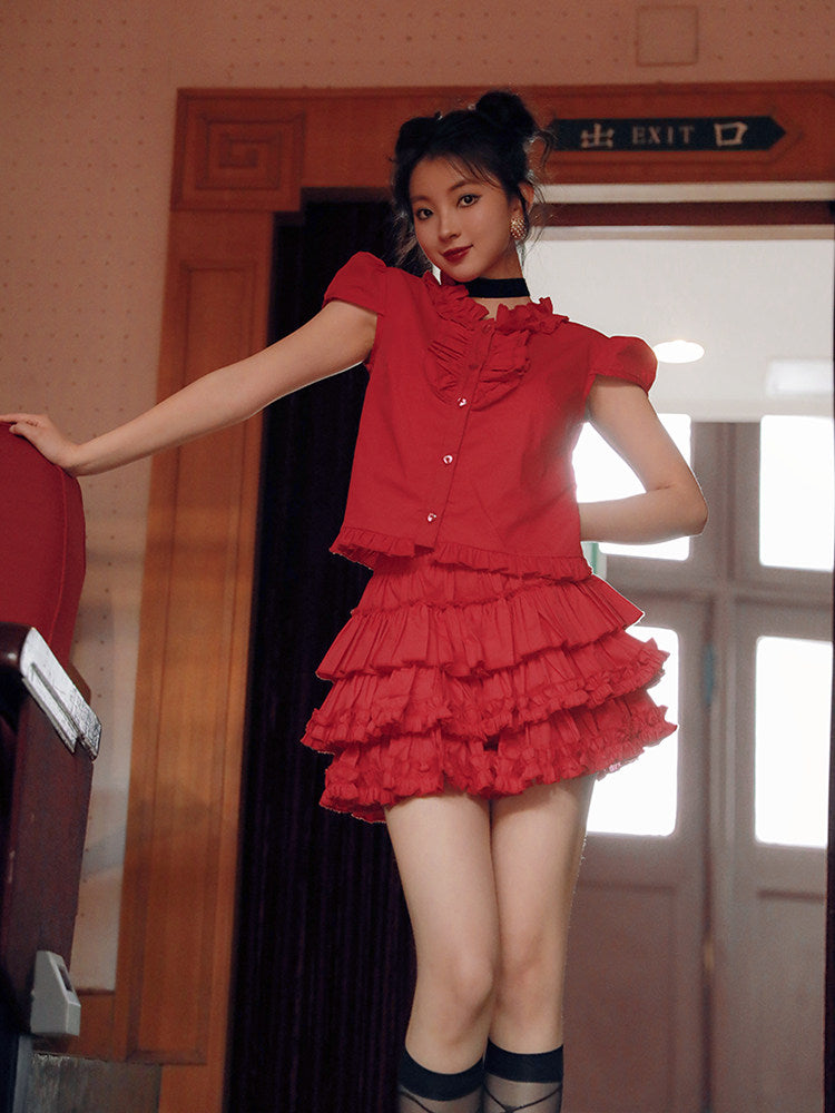 Nanjun Vintage – Red Ruffle Shirt Skirt Set set Nanjun Vintage