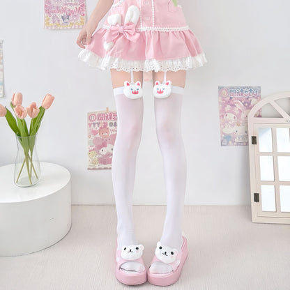 2 Bears - Kawaii Over Knee Socks Velvet Lolita Sweetheart Long Stockings tights 2 bears White