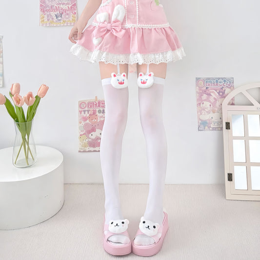 2 Bears - Kawaii Over Knee Socks Velvet Lolita Sweetheart Long Stockings tights 2 bears White