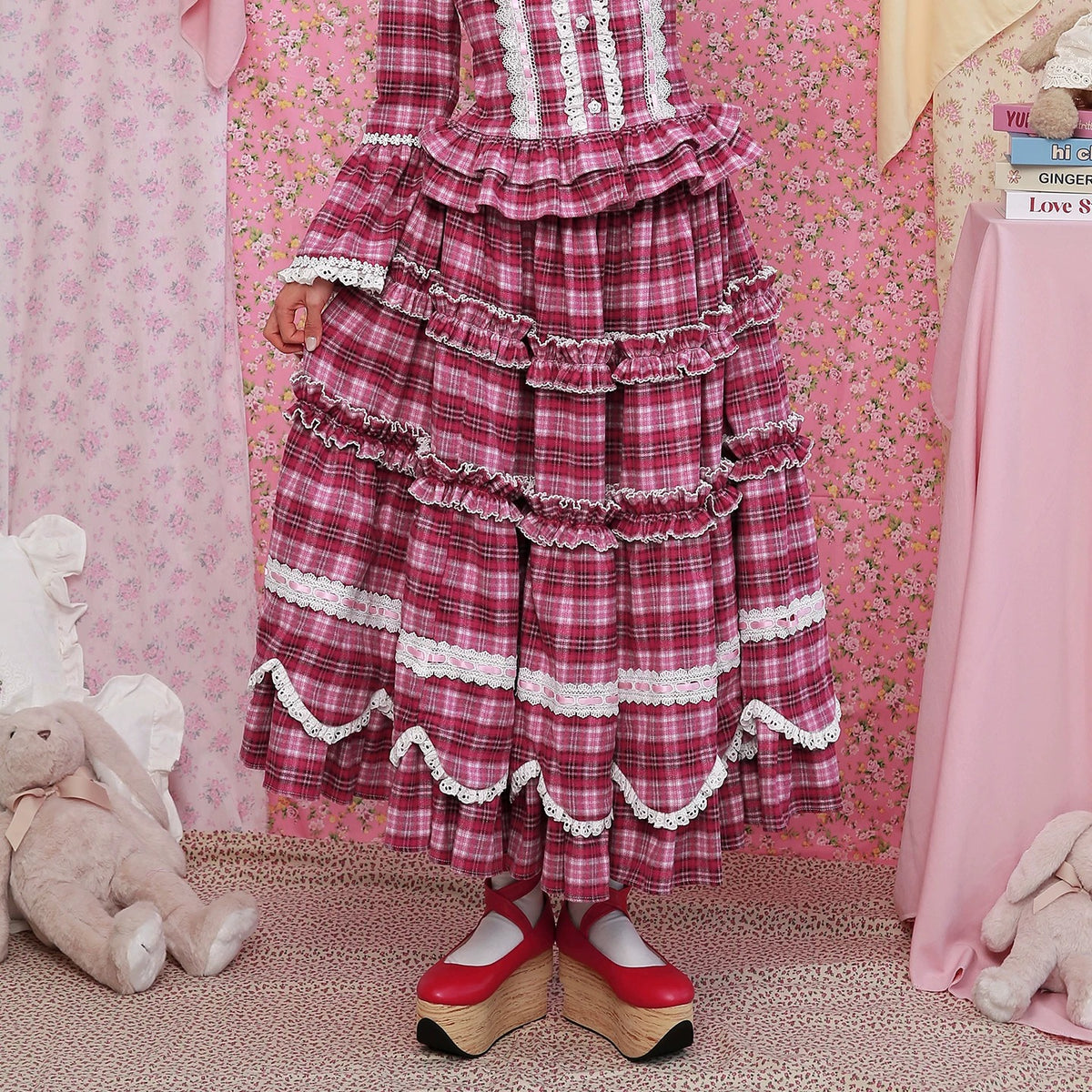 SOS MEME CLUB - Pink Plaid Showa Retro Midi Skirt skirt SOS MEME CLUB S