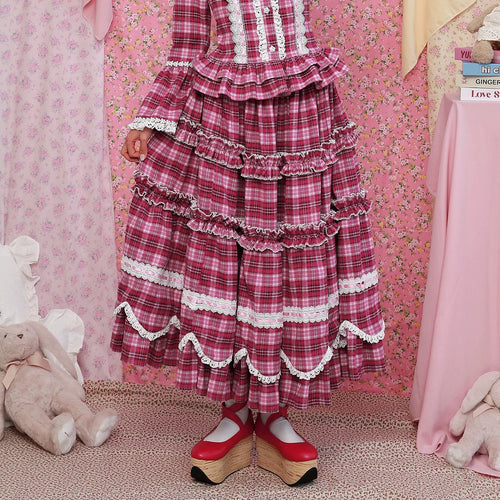 SOS MEME CLUB - Pink Plaid Showa Retro Midi Skirt skirt SOS MEME CLUB S
