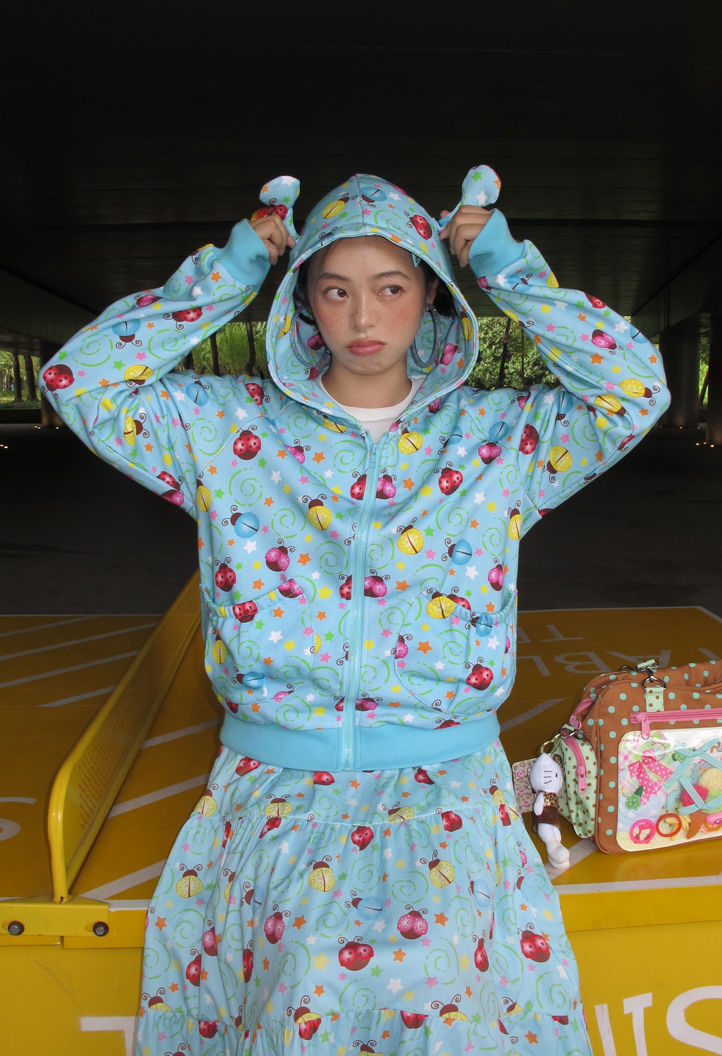 FruFru - Kawaii Hoodie Skirt Set Blue Beetle Print set frufru Hoodie S