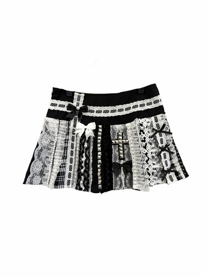 Red Devil - Lace Pearl Bow Pleated Mini Skirt skirt Red Devil S
