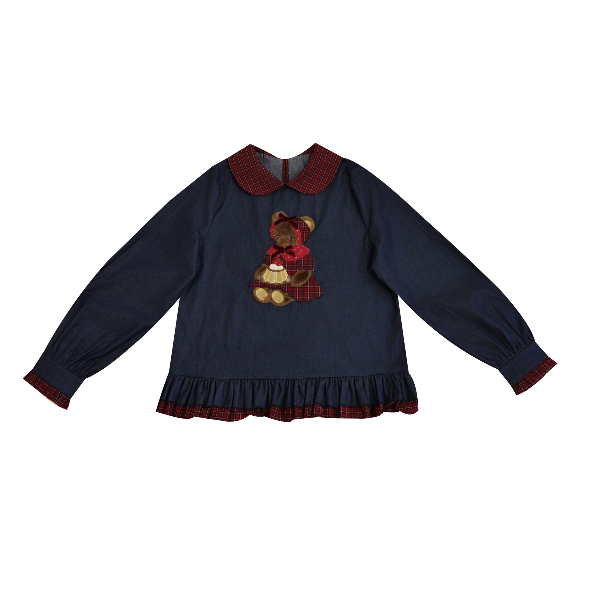 SemenCoicis - Kawaii Denim Shirt Plaid Lace Pudding Bear blouse SemenCoicis