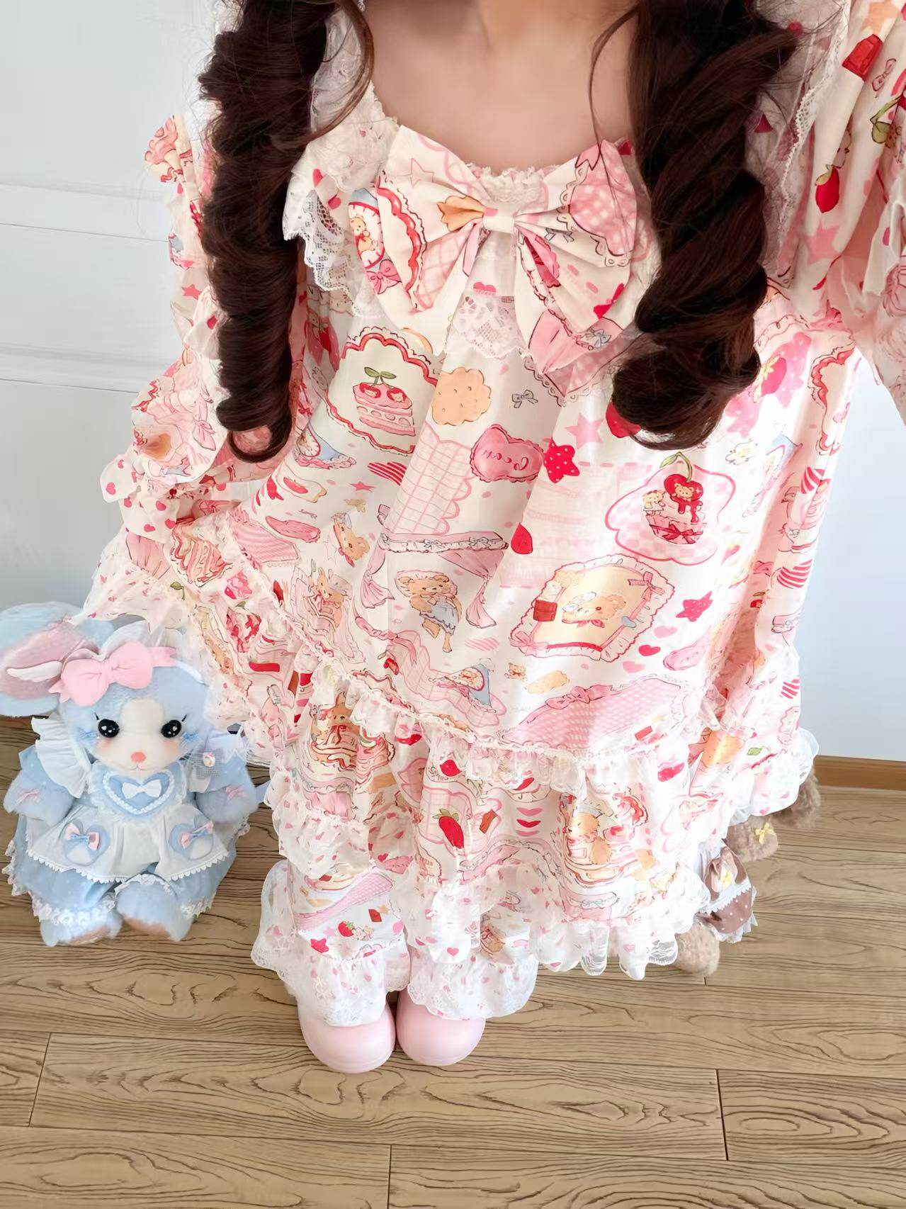 Sweet Dream Bear - Pink Cotton Sleep Dress Set pajama A Cat Pink S