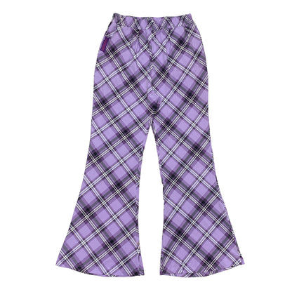 BunnyBunnyGun - Y2K Flare Pants Purple Plaid Retro Loose Fit pants bunnybunnygun
