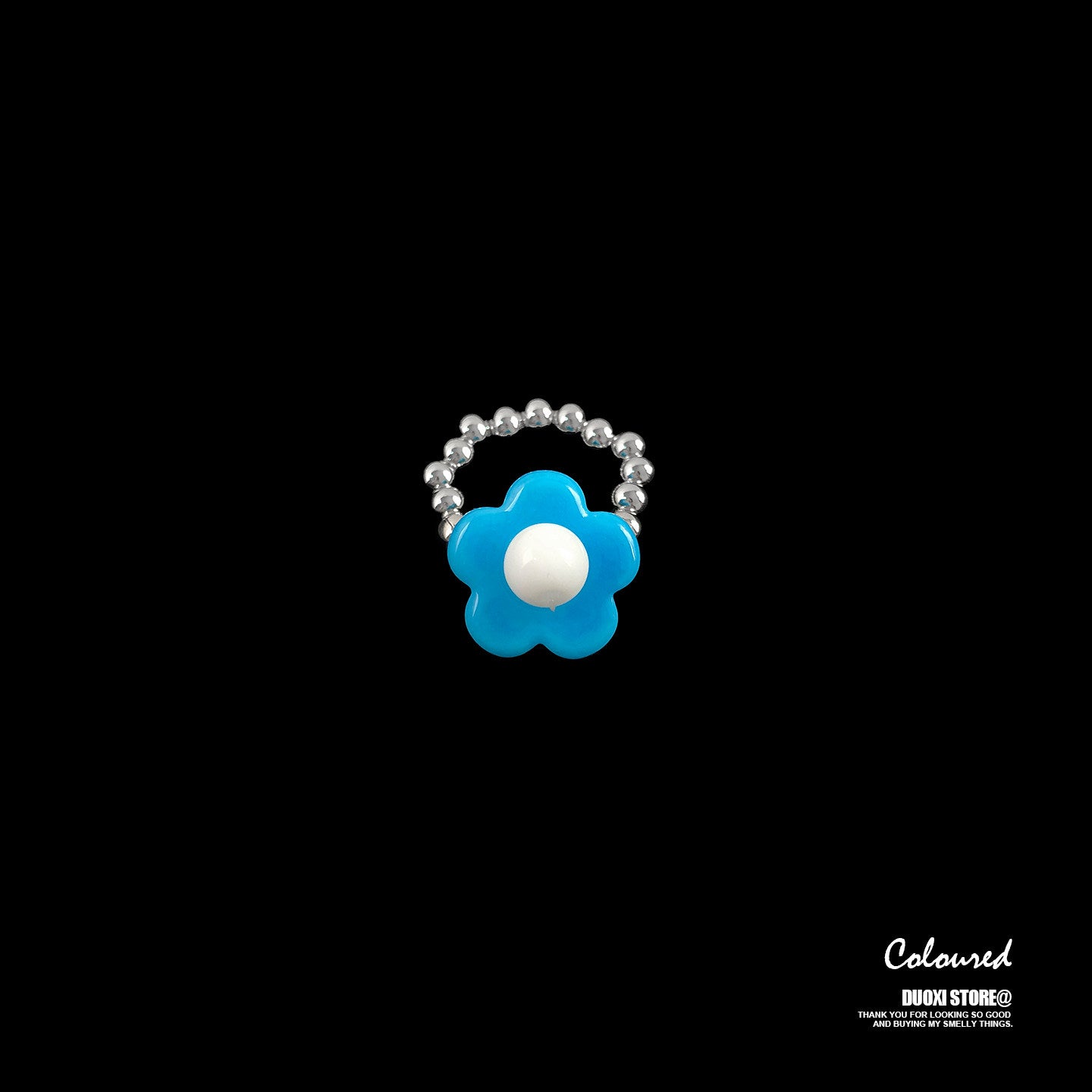 DuoXi - Color Flower Bead Stretch Ring ring DuoXi Blue Flower Ring