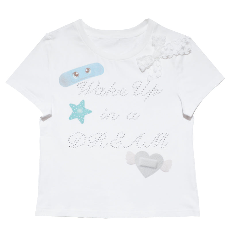 Hashtag DDD – White Dreamy T-shirt with Patchwork Bow Rhinestone tshirt Hashtag DDD