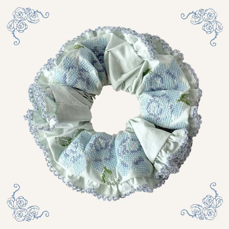 Ate a Dream - Embroidered Cotton-Linen Hair Scrunchie scrunchies Ate a Dream Blue