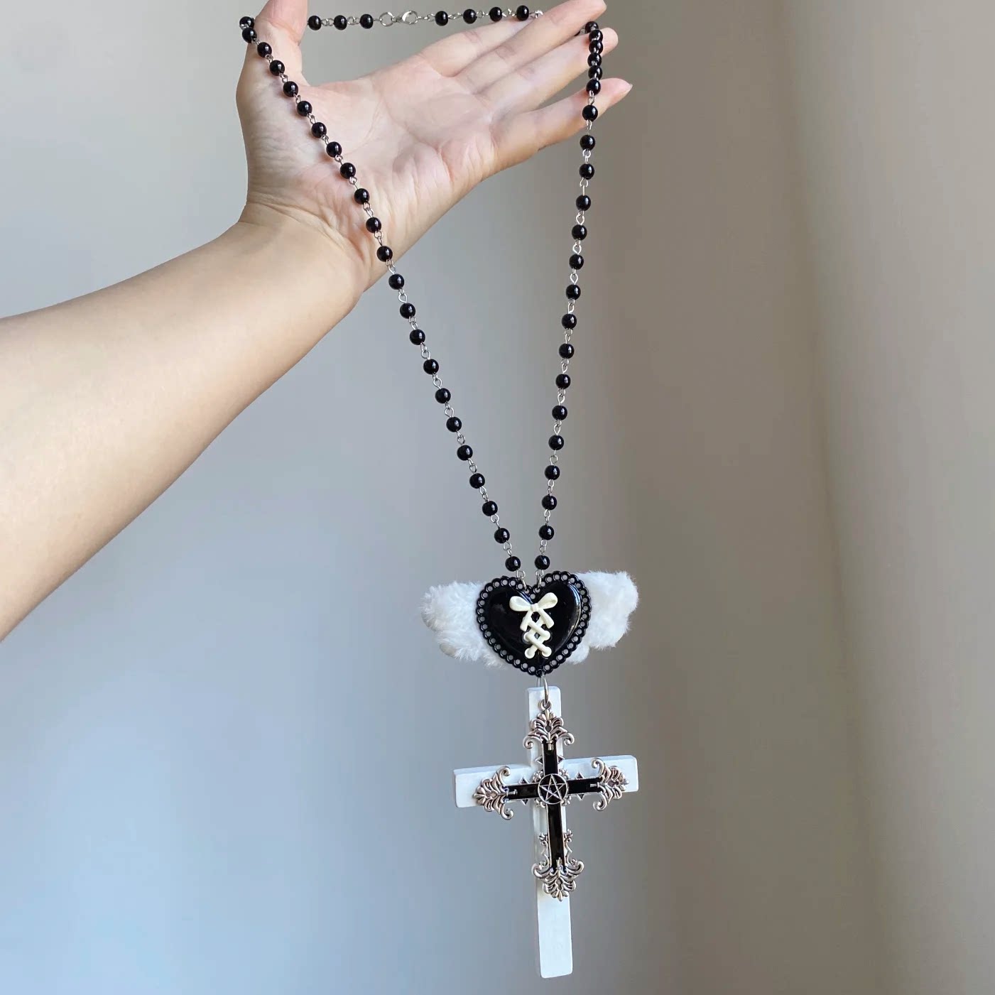 Kiwi Store - Y2K Large Angel Cross Necklace necklace kiwi store Black