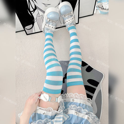 2 Bears Punk Over-the-Knee Socks | Girl's Striped Thigh-High Socks sock 2 bears White Blue Stripe
