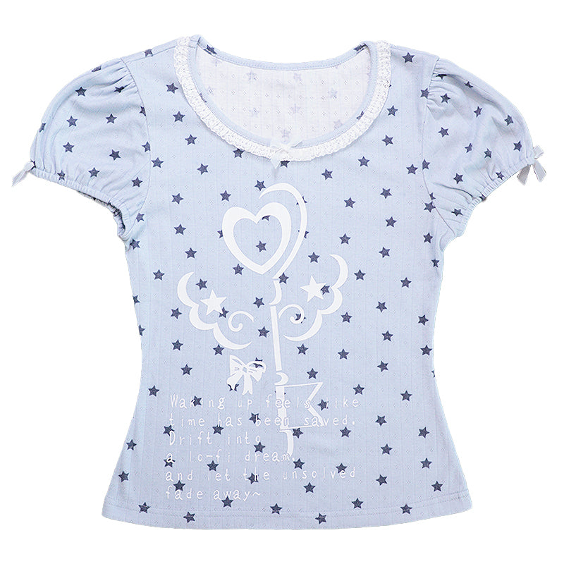 Hashtag DDD – Blue Star Fitted T-Shirt with Lace Trim tshirt Hashtag DDD