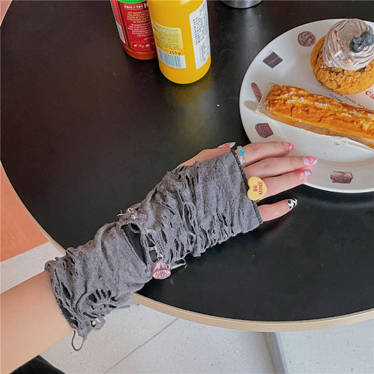 LET ME SEE - Y2K Distressed Fingerless Sun Protection Arm Warmers sleeves let me see Short Version - Grey