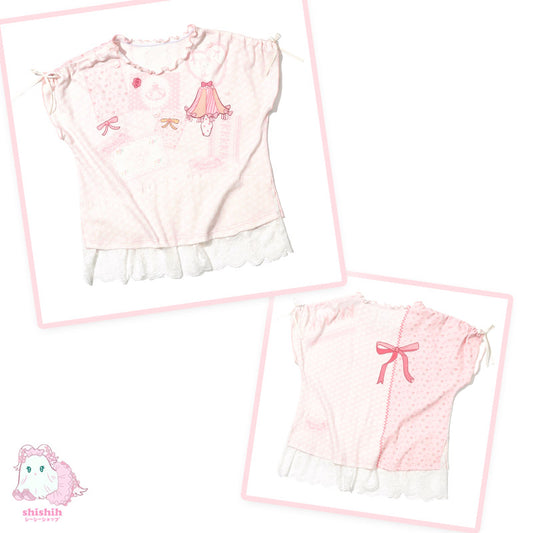 shishihshop – Retro Showa Drawstring Tee with Lace & Original Print tshirt shishihshop White