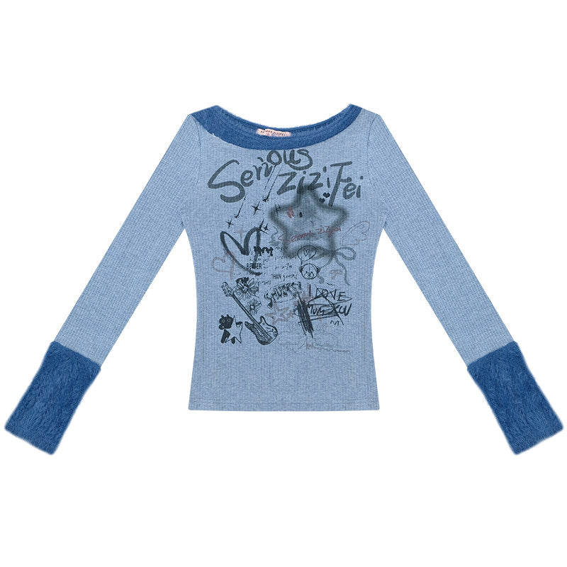 ziziFei - Girly Punk Knit Doodle Top shirt ziziFei Blue S