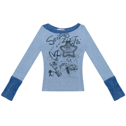 ziziFei - Girly Punk Knit Doodle Top shirt ziziFei Blue S
