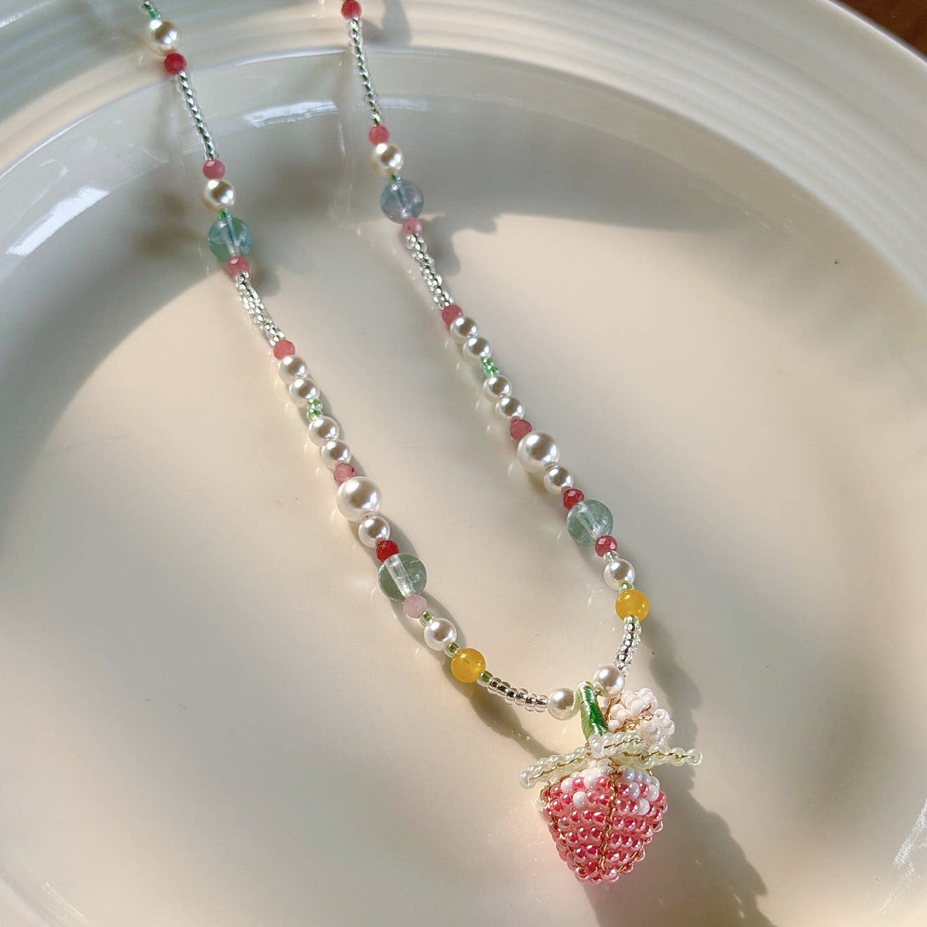 Kiwi Store - Pearl Flower Strawberry Beaded Necklace Keychain necklace kiwi store Pink Strawberry Necklace