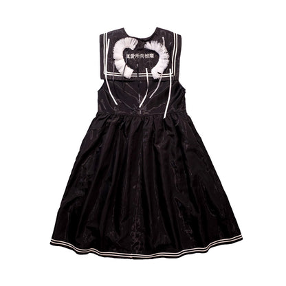 Meugler Beloved Roland White Lace Ribbon Embroidery Navy Collar Glossy Black Vest Dress