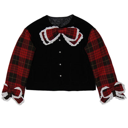 daytoday everyday institute - Red Plaid Velvet Bow Jacket jacket daytoday everyday institute S