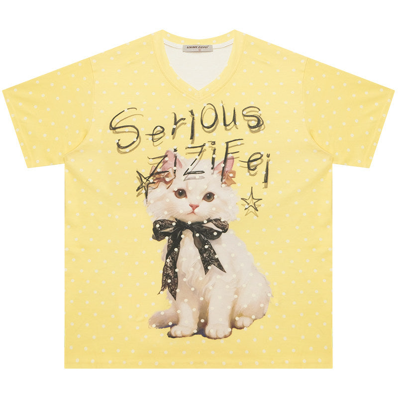 ziziFei - California Dream Cat Print V-Neck Tee tshirt ziziFei Yellow S