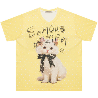 ziziFei - California Dream Cat Print V-Neck Tee tshirt ziziFei Yellow S
