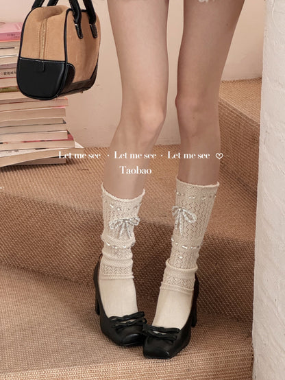 LET ME SEE - Ballet Bow Rhinestone Crew Socks socks let me see Cream White