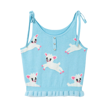 Tntntutu Knitted Set Blue Lamb Illustration Knitted Set Furry Flared Skirt Cozy Top set tntntutu Camisole S