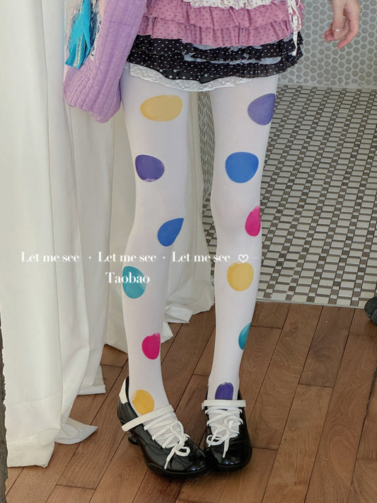 LET ME SEE - Kawaii Colorful Big Dot White Tights tights let me see Tights