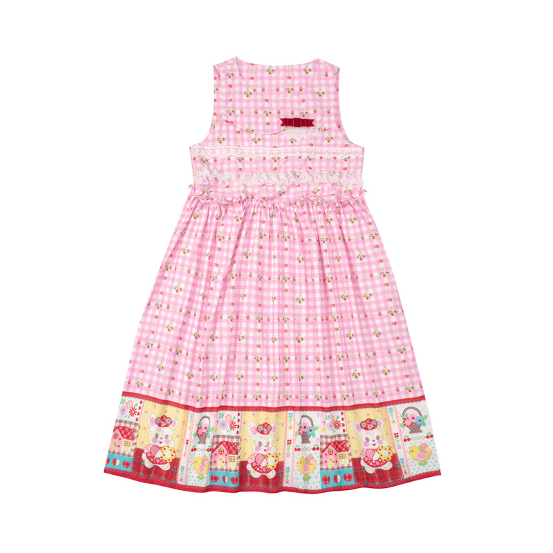 Lutra Jump - Kawaii Pink Plaid Bunny Dress Lace Bow Long Loose dress Lutra Jump