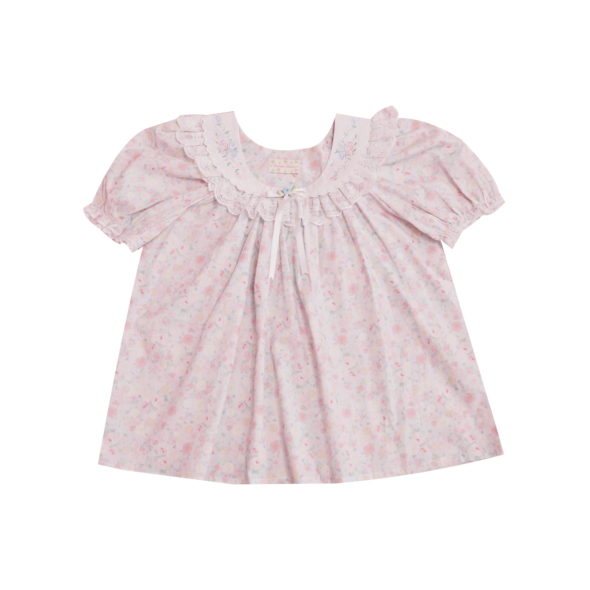 SemenCoicis – Vintage Rose Print Puff Sleeve Top with Butterfly Lace Embroidery blouse SemenCoicis