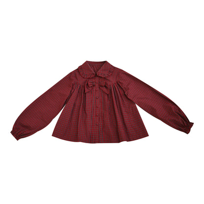 SemenCoicis - Kawaii Blouse Red Plaid Lace Bow Loose Fit shirt SemenCoicis